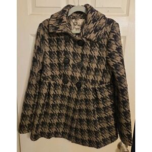 Mac & Jac houndstooth double-breasted pea coat wide collar gathered waist Medum
